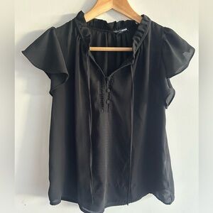 Fashion Nova, size S, black blouse top, keyhole tie up front, ruffles, sheer